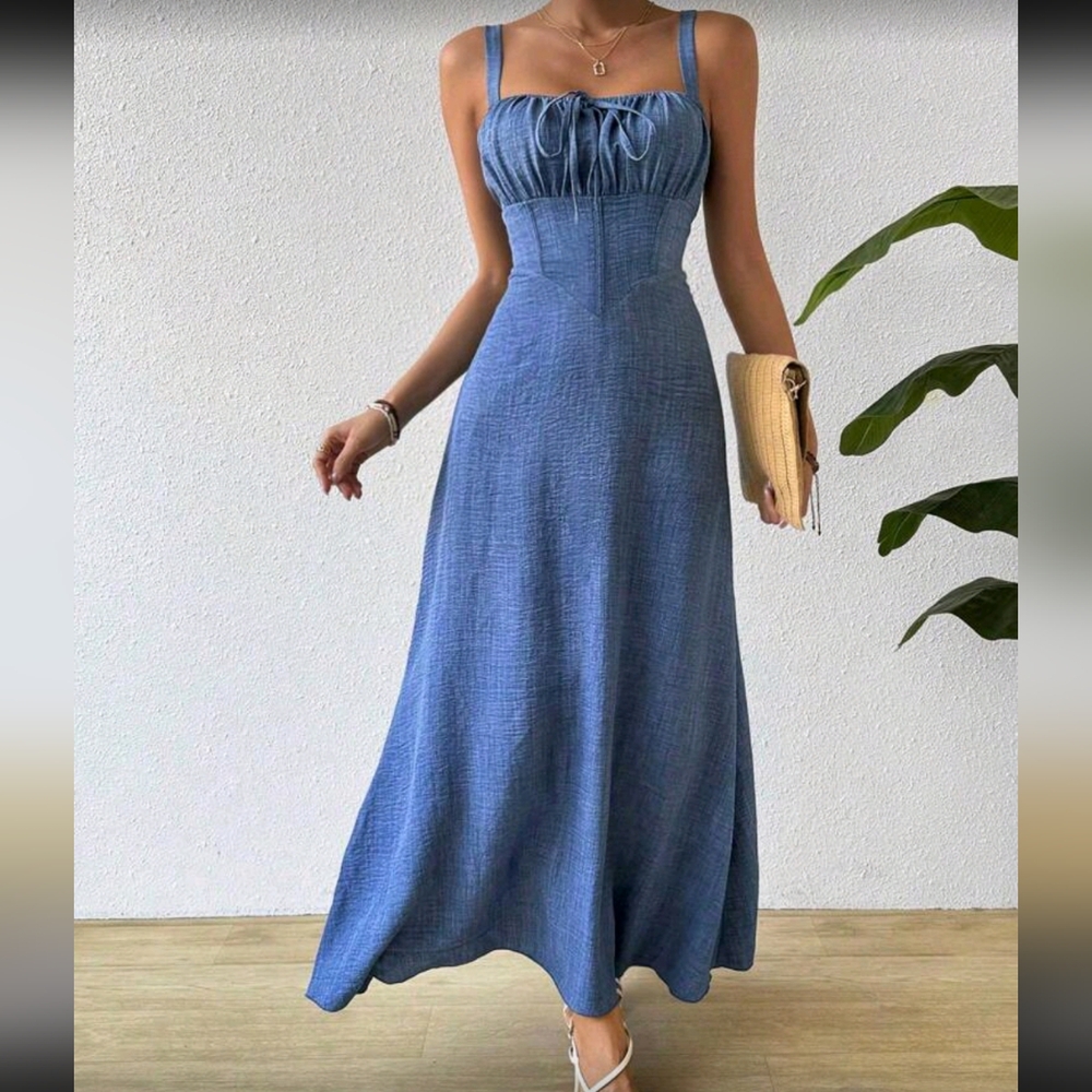 Pleated Bust Tie Strap Cami Dress Maxi Vacation Beach Outfits Women - Picture 4 of 5